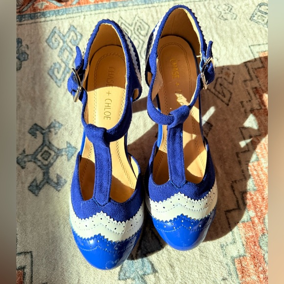 Chase + Chloe Shoes - Chase + Chloe Royal Blue and White T-Strap Heels size 6